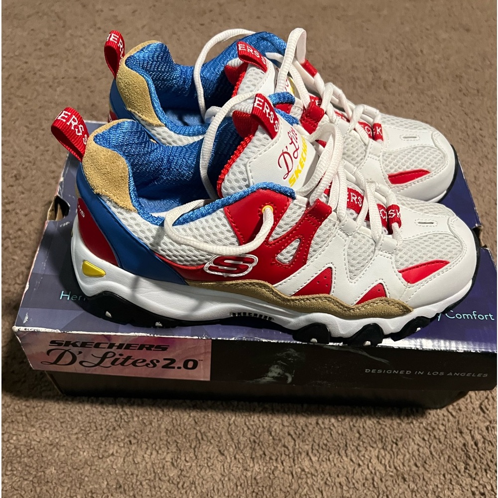 Skechers' D'Lites 2.0 White Red Blue Athletic Sneakers